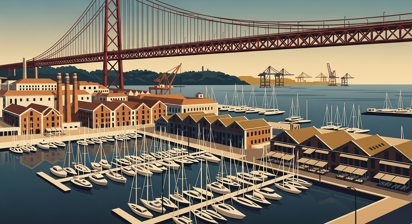 Art-deco illustration of Alcântara, Lisbon — Lisbon Property neighbourhood guide