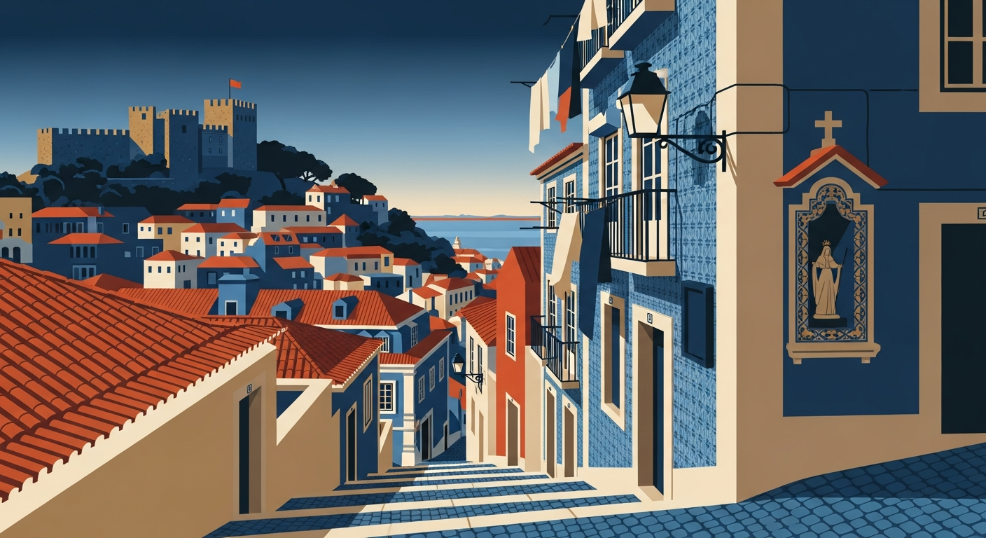 Art-deco illustration of Alfama, Lisbon — Lisbon Property neighbourhood guide