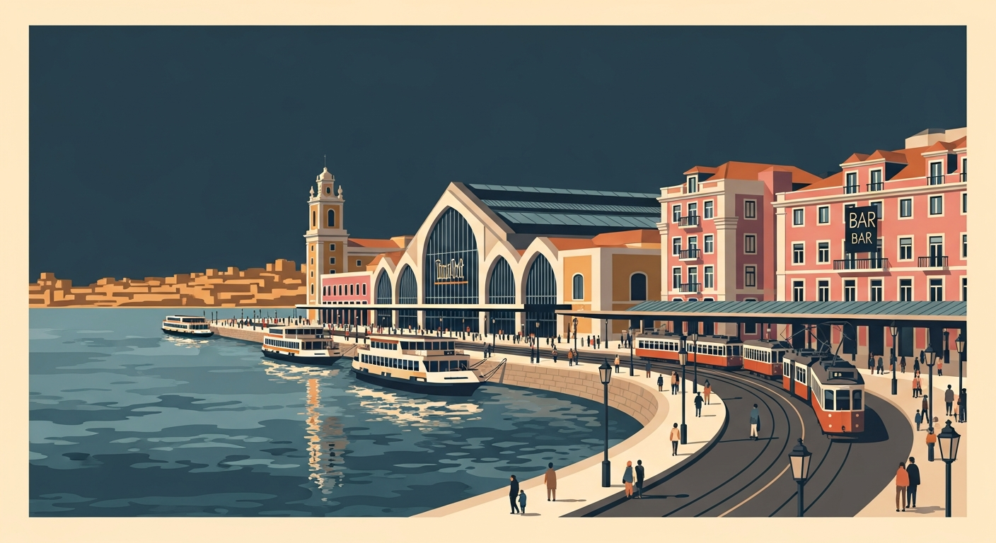 Art-deco illustration of Cais do Sodré, Lisbon — Lisbon Property neighbourhood guide
