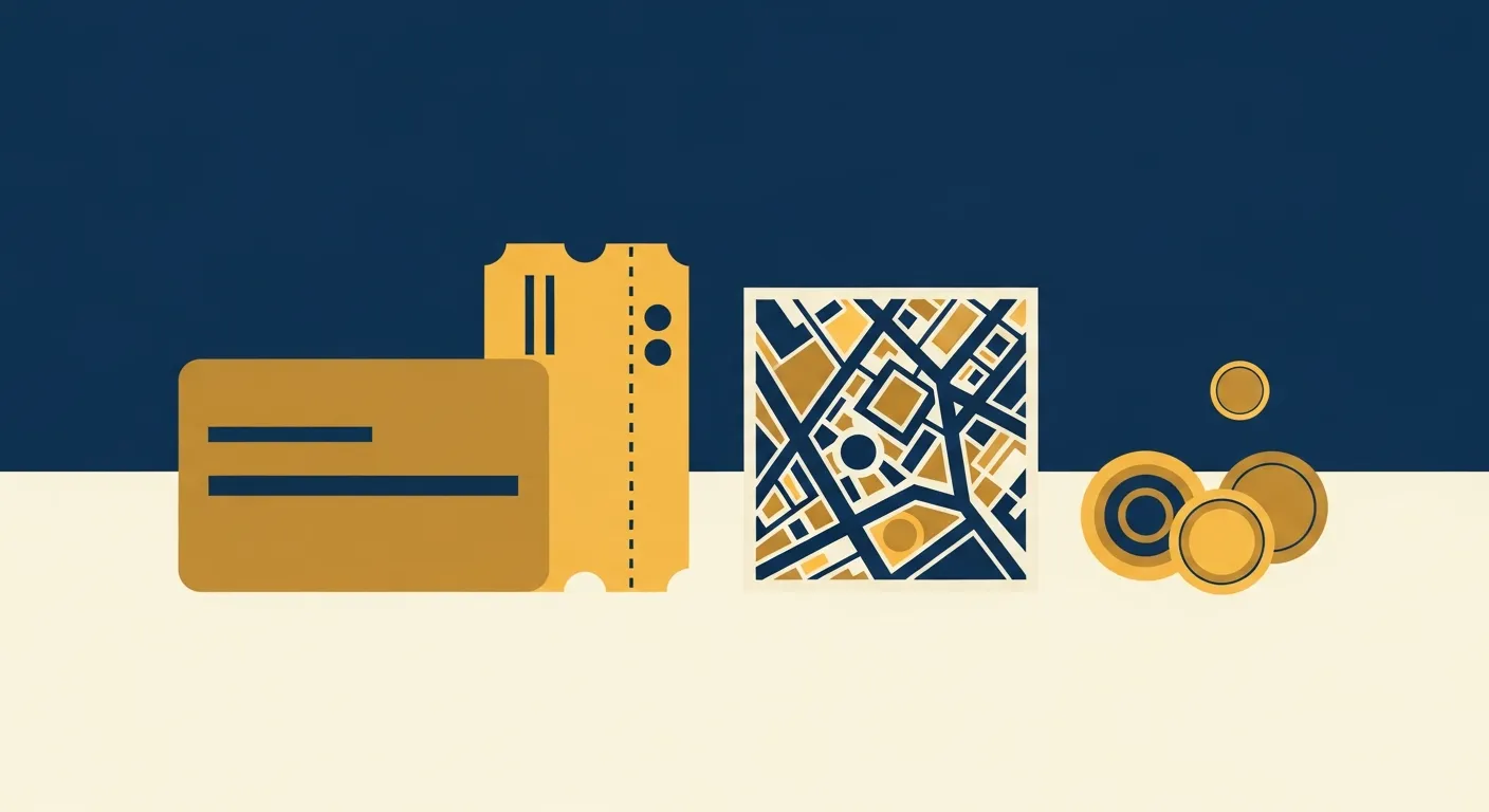 Illustration — A yellow tram ticket and a transport travel card laid beside a small map and a handful of coins