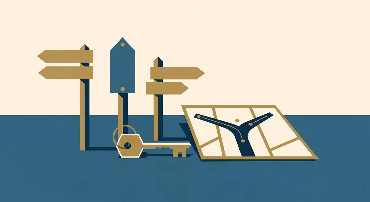Illustration — A row of signposts pointing in different directions beside a fork-in-the-road map and a house key