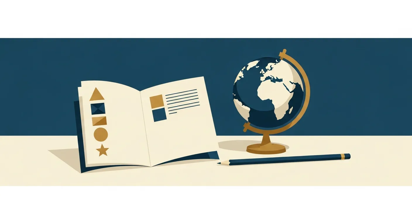 Illustration — An open prospectus showing different curriculum badges beside a globe and a pencil