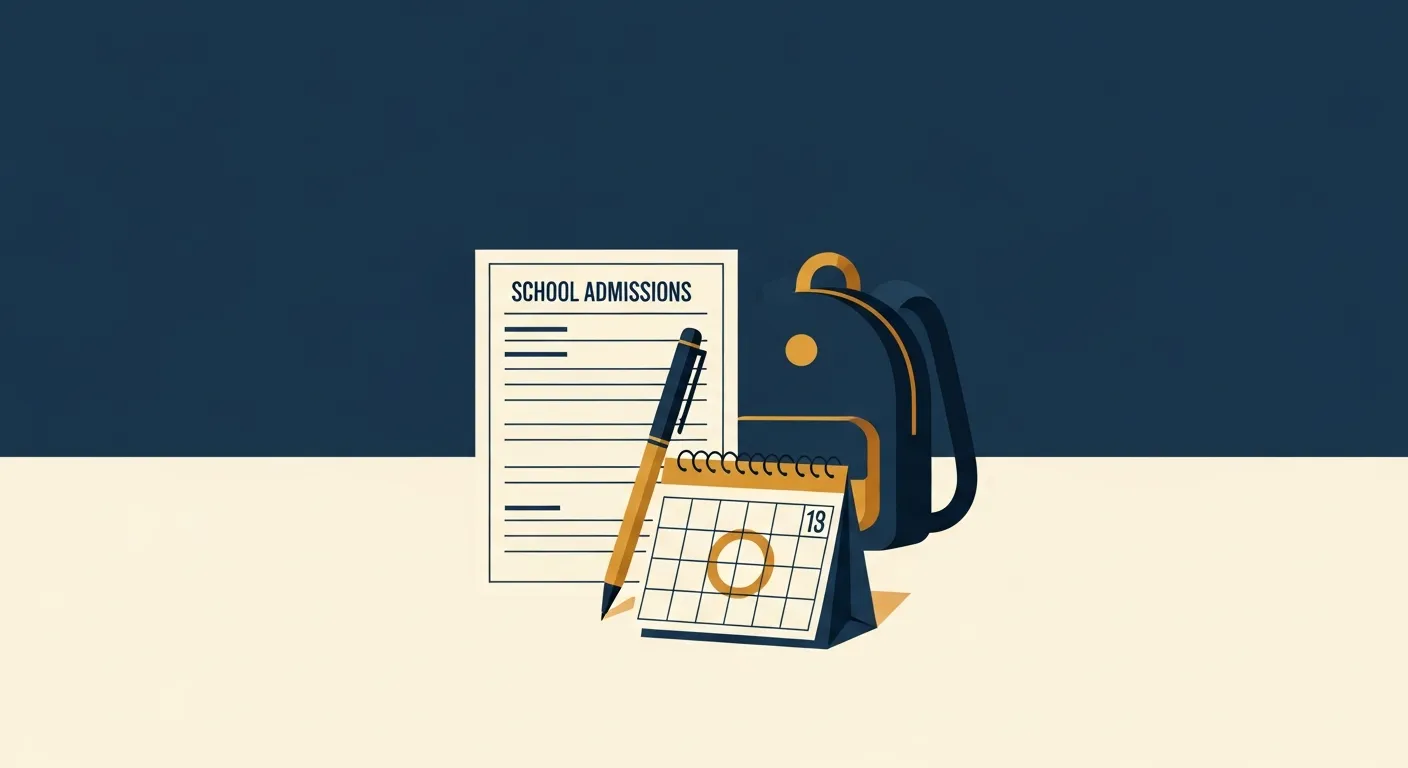 Illustration — A school admissions form and a calendar page with a circled date beside a pen and a small backpack