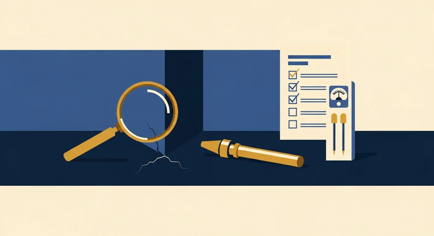 Illustration — A magnifying glass held over a wall corner showing a hairline crack