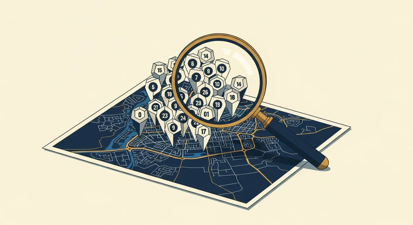 Ilustração — Um mapa detalhado do centro da cidade com marcadores numerados agrupados de forma cerrada