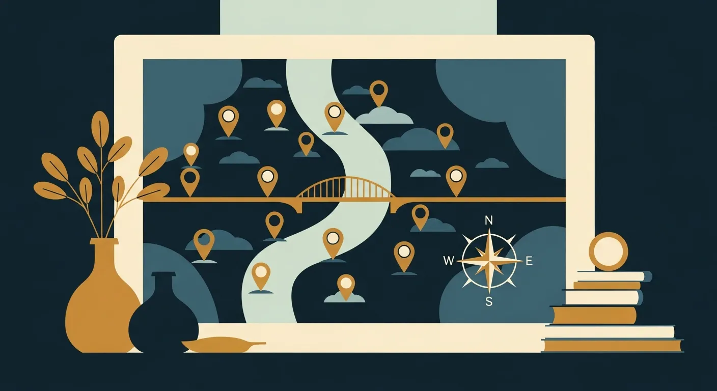 Ilustração — Um mapa regional amplo a mostrar duas margens de rio ligadas por uma ponte