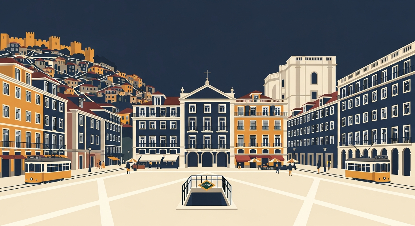 Art-deco illustration of Martim Moniz, Lisbon — Lisbon Property neighbourhood guide