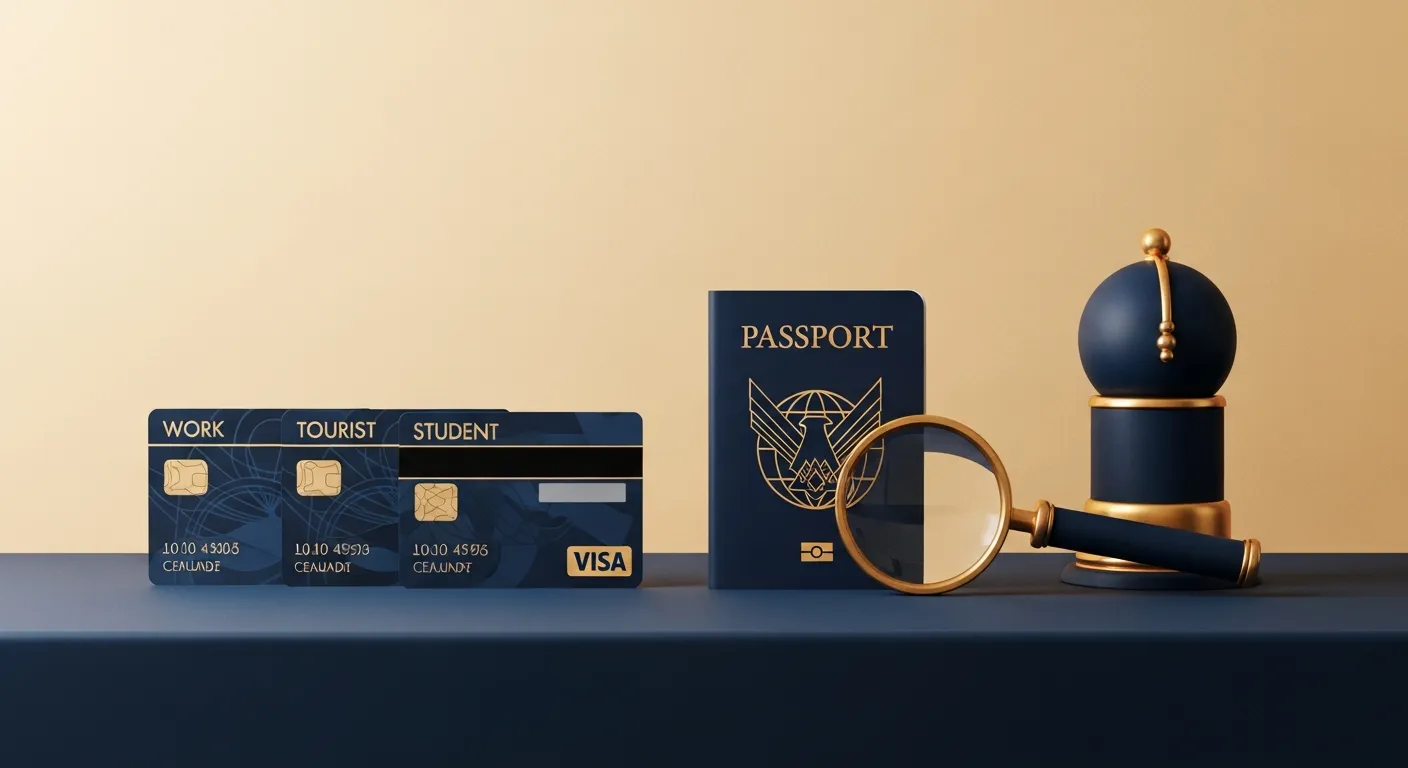Illustration — Several labelled visa cards laid out side by side beside a passport and a magnifying glass