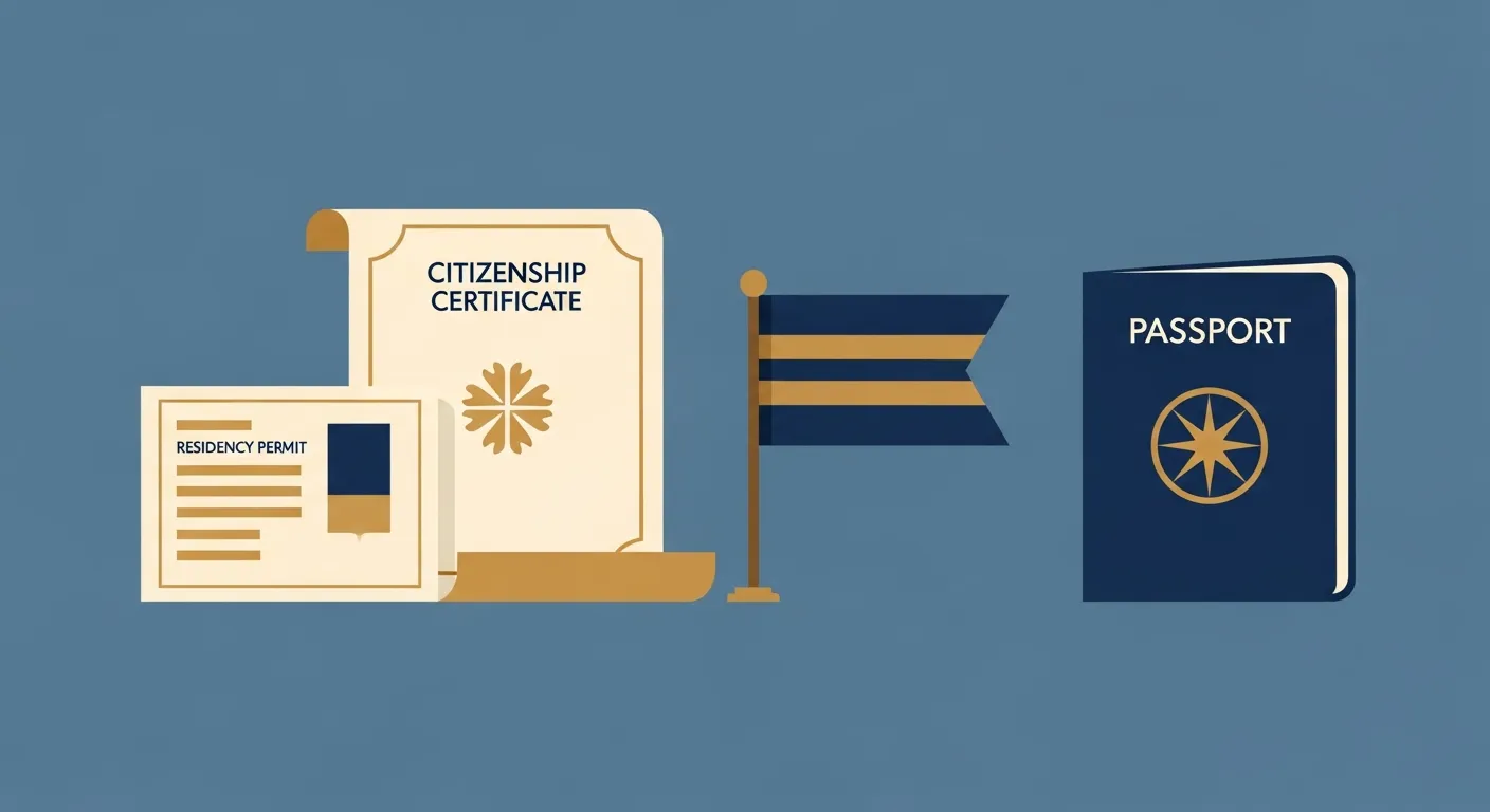 Illustration — A residency permit card and a citizenship certificate beside a small flag and a passport