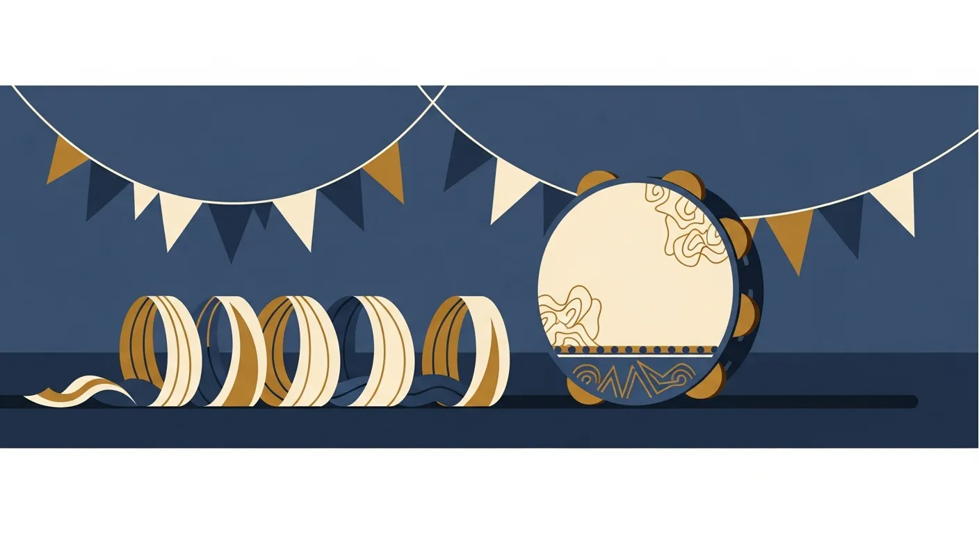 Illustration — A row of dancers' costume sashes and a tambourine beside paper bunting