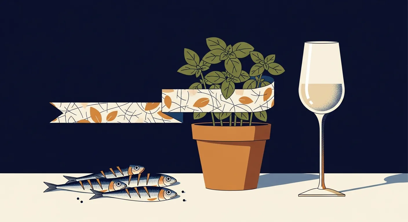 Illustration — A terracotta basil pot wrapped in a paper poem flag beside grilled sardines and a glass of wine
