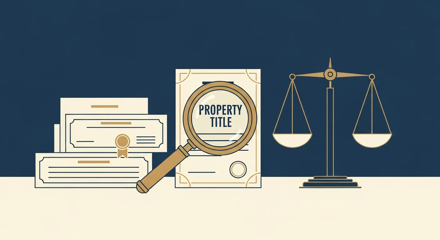 Illustration — A magnifying glass held over a property title document beside a stack of certificates and a set of legal scales
