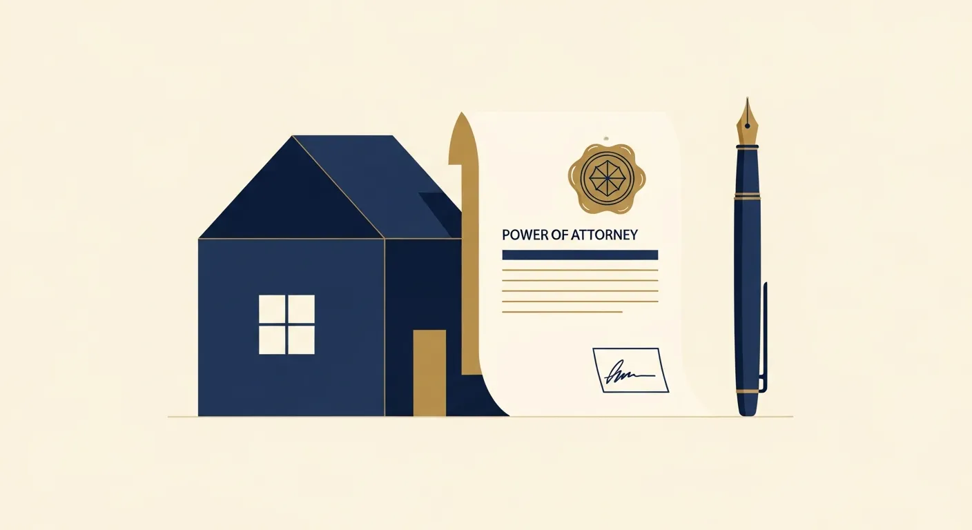Illustration — A signed power-of-attorney document with a wax seal and a fountain pen beside a small house model